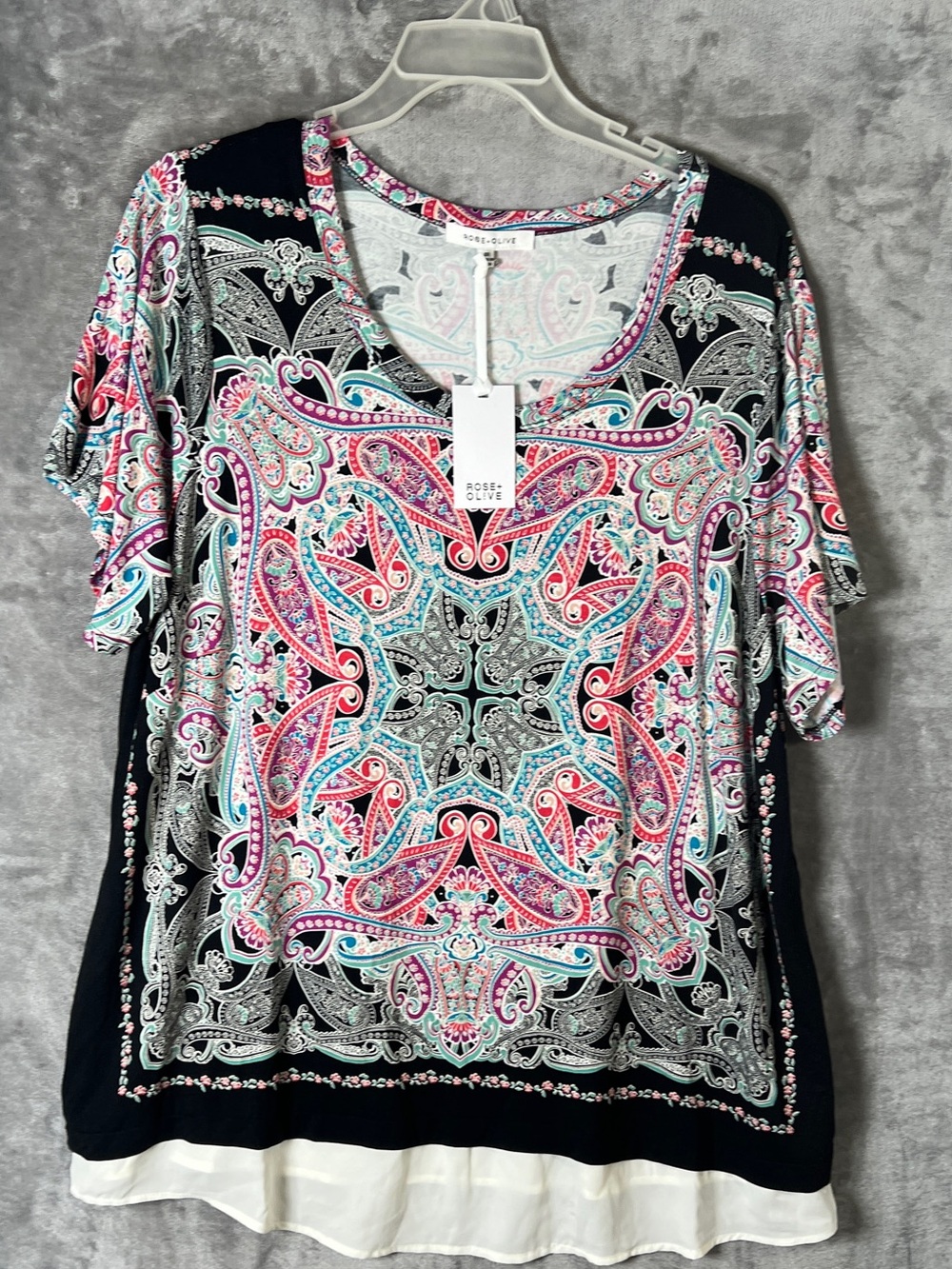 Rose & Olive Black Short Sleeve Tunic with Pink & Teal Paisley